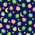Cute multicolored owls at night with stars, clouds and moon. Seamless pattern in cartoon style, childish seamless Royalty Free Stock Photo