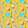 Cute multicolored sea square seamless pattern with shells. Texture digital art on a yellow background. Print for fabrics, clothes, Royalty Free Stock Photo