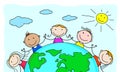 Cute multicultural kids heads in a circle around the earth Royalty Free Stock Photo