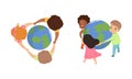 Cute Multicultural Kids Holding Hands together around the World, Friendship, Unity, Earth Planet Protection Cartoon