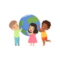 Cute multicultural little kids standing around the Earth globe and holding it vector Illustration on a white background
