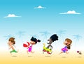 Cute multiracial kids run to the sea