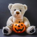 cute mummy bear doll with trick or treat slogan on black background Royalty Free Stock Photo