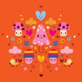 Cute mushroom characters, flowers, hearts & birds stylized nature illustration