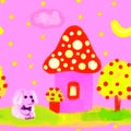 Cute mushroom cottage, dog and garden in a seamless pattern