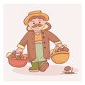 Cute mushroom picker character. Grandfather with two baskets of various mushrooms. Color vector flat illustration