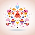 Cute mushrooms, flowers, hearts & birds illustration