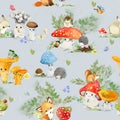 Cute mushrooms forest seamless pattern. Woodland Baby animals