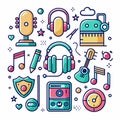 Cute music icons with headphones, notes, microphone, and other instruments Royalty Free Stock Photo