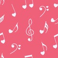Cute musical notes with hearts on pink background seamless pattern. Hand drawn style. Vector illustration