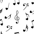 Cute musical notes with hearts on white background seamless pattern. Hand drawn style. Vector illustration Royalty Free Stock Photo