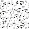 Cute musical vector seamless pattern, black and white hand drawn elements. Royalty Free Stock Photo