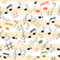 Cute musical vector seamless pattern, colorful hand drawn elements.