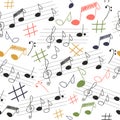 Cute musical vector seamless pattern, colorful hand drawn elements.