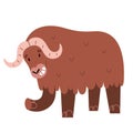 Cute musk-ox character, adorable wild northern muskox bull with huge horns standing and smiling