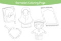 Cute Muslim Boy and Girl Shalat Praying Equipment Coloring Page Vector