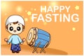 Cute Muslim boy with mosque drum happy fasting at Ramadan Kareem cartoon illustration. Royalty Free Stock Photo