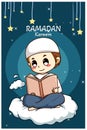 Cute Muslim boy reading a book at Ramadan night cartoon illustration