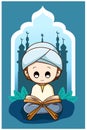 Cute Muslim boy reading Koran at Ramadan Kareem cartoon illustration