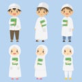 Cute Muslim Children Holding Quran Vector Illustrations Set