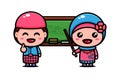 Cute muslim couple character design themed study together with board. Islamic character cartoon