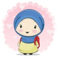 A Cute Muslim Girl Cartoon Carrying Bag for School