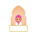 Cute muslim girl children praying on mosque design illustration vector