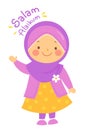 Cute muslim girl greeting salam alaikum vector cartoon flat illustration