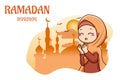 Cute Muslim girl pray in mosque Ramadan Kareem cartoon illustration