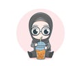 Cute muslim girl sweater with drinking bubble tea cartoon illustration