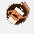 Cute mustachioed coffee cup winks. Cute kawaii positive and friendly coffee character for advetising food and beverages Royalty Free Stock Photo