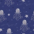 A cute, mysterious jellyfish floating in a dark ocean. Sea stars and bubbles. Dark beautiful pattern