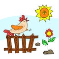 Cute, naive cock in the morning sings, sitting on the fence. Sun, flower and stones. Illustration of a hand drawing Royalty Free Stock Photo