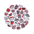 Cute naive cups circle background. Kids style drawing. Light blue, red, white and dark blue