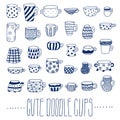 Cute naive cups vector set. Blue color. Kids style