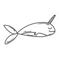 Cute narwhal in doodle style. Whale with a horn. Vector illustration. Royalty Free Stock Photo