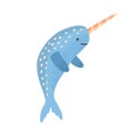 Cute narwhal with horn. Childish marine animal in scandinavian style. Flat vector cartoon lovely illustration of