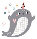 Cute narwhal. Lovely baby underwater animal smiling