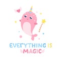 Cute narwhal and magical items vector illustration.