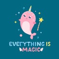 Cute narwhal and magical items vector illustration.