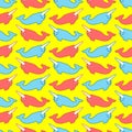 Cute narwhal pattern seamless. Cartoon small Arctic whale with horn background. Baby fabric texture