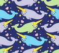 Cute narwhal pattern seamless. Cartoon small Arctic whale with horn background. Baby fabric texture