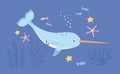 Cute narwhal or unicorn fish in sea or ocean among seaweeds, corals and fishes. Magic fairy underwater animal. Childish