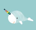 Cute narwhal whale with rainbow unicorn - vector