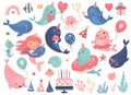 Cute narwhals, underwater animals set for birthday party decoration.