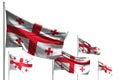 Cute national holiday flag 3d illustration - five flags of Georgia are wave isolated on white