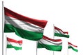 Cute national holiday flag 3d illustration - five flags of Hungary are waving isolated on white