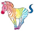 Cute naturalistic zebra with rainbow stripes in funny pose