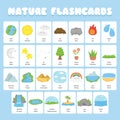 Cute Nature and Elements Bilingual Flashcards Vector Set