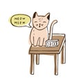 Cute naughty cat sitting on bedside table near digital clock and meowing at night. Nasty loud kitty. Problem of bad